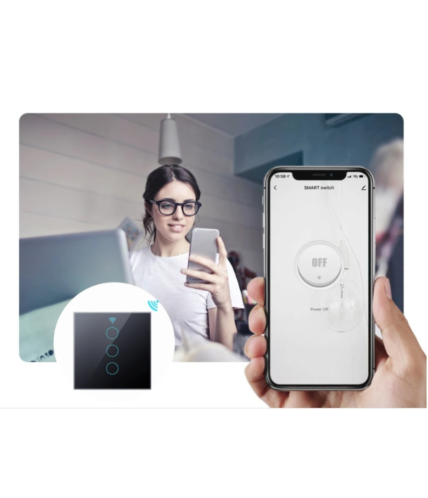 Intrerupator Dublu Wi-Fi cu Touch Negru din Sticla Intrerupator Dublu Wi-Fi cu Touch Negru din Sticla