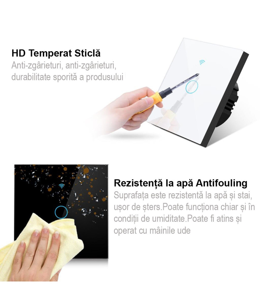 Intrerupator Dublu Wi-Fi cu Touch Negru din Sticla Intrerupator Dublu Wi-Fi cu Touch Negru din Sticla
