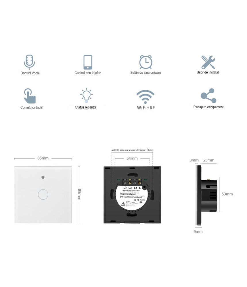 Intrerupator inteligent cu touch Tuya, Life Smart, Aubess, Wi-Fi, fara nul, 3 canale, 16A, Sticla securizata, compatibil Amazon Alexa/Google Assistant, Alb Intrerupator inteligent cu touch Tuya, Life Smart, Aubess, Wi-Fi, fara nul, 3 canale, 16A, Sticla securizata, compatibil Amazon Alexa/Google Assistant, Alb