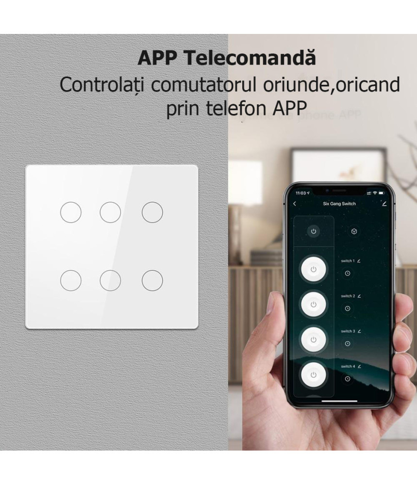 Intrerupator 6 Canale Wi-Fi cu Touch din Sticla Intrerupator 6 Canale Wi-Fi cu Touch din Sticla