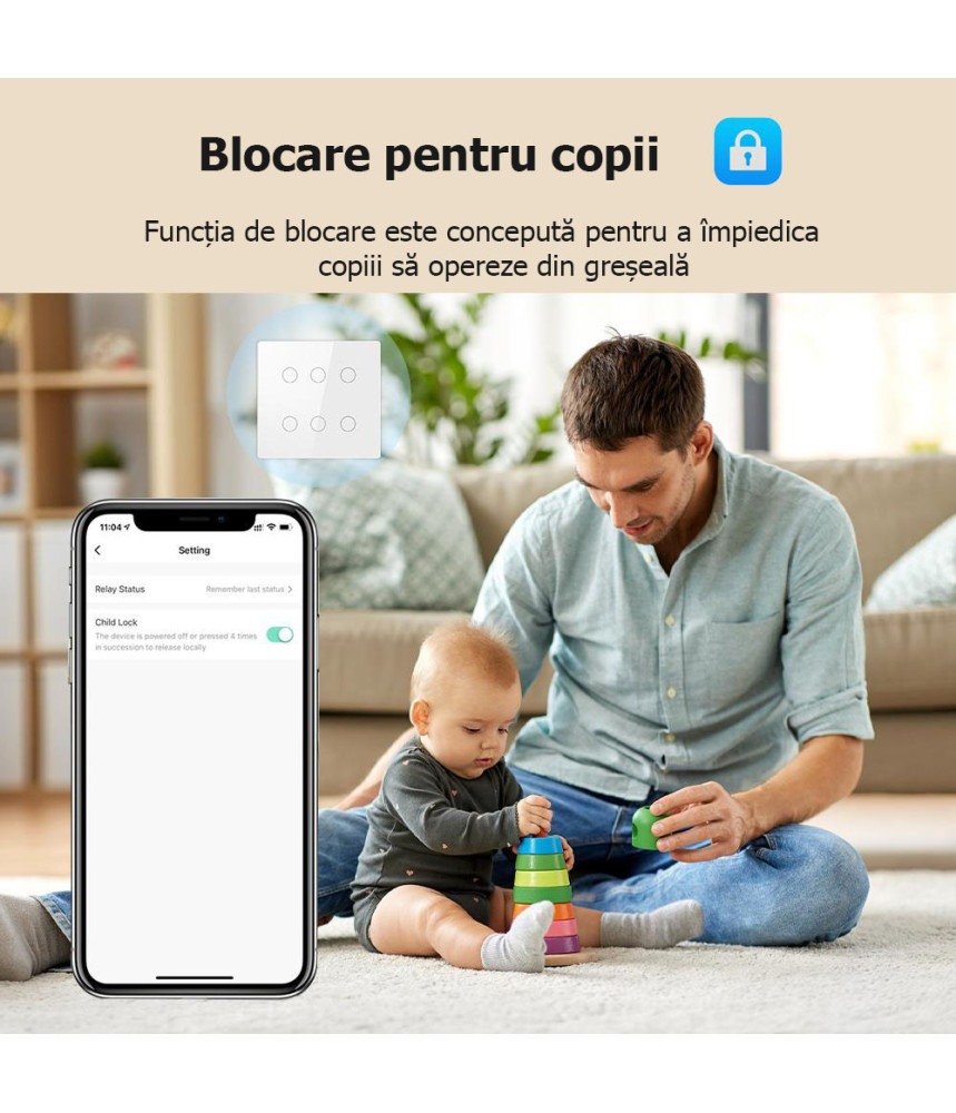 Intrerupator 6 Canale Wi-Fi cu Touch din Sticla Intrerupator 6 Canale Wi-Fi cu Touch din Sticla
