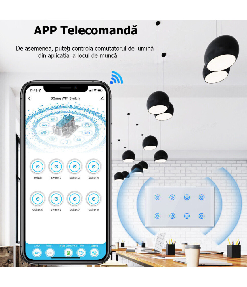 Intrerupator 8 Canale Wi-Fi cu Touch din Sticla Intrerupator 8 Canale Wi-Fi cu Touch din Sticla