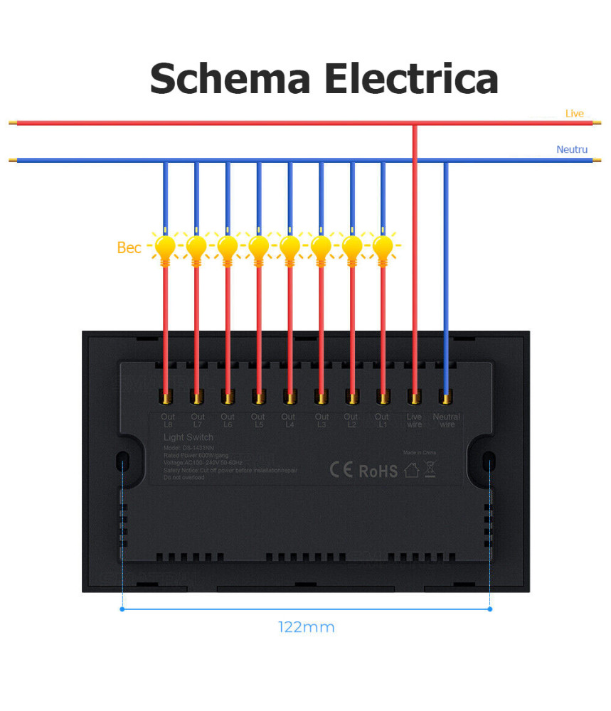 Intrerupator 8 Canale Wi-Fi cu Touch din Sticla Intrerupator 8 Canale Wi-Fi cu Touch din Sticla