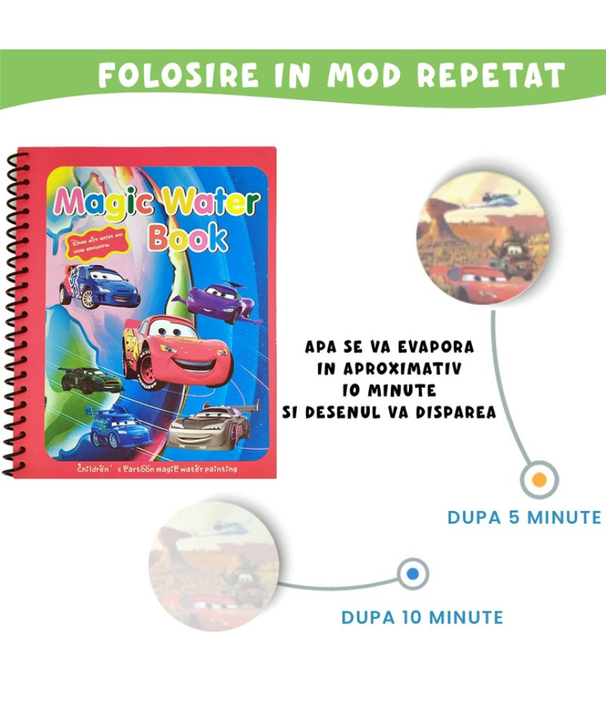 Carte de colorat cu apa Magic Book, Reutilizabila, plina de culori vibrante,Cars