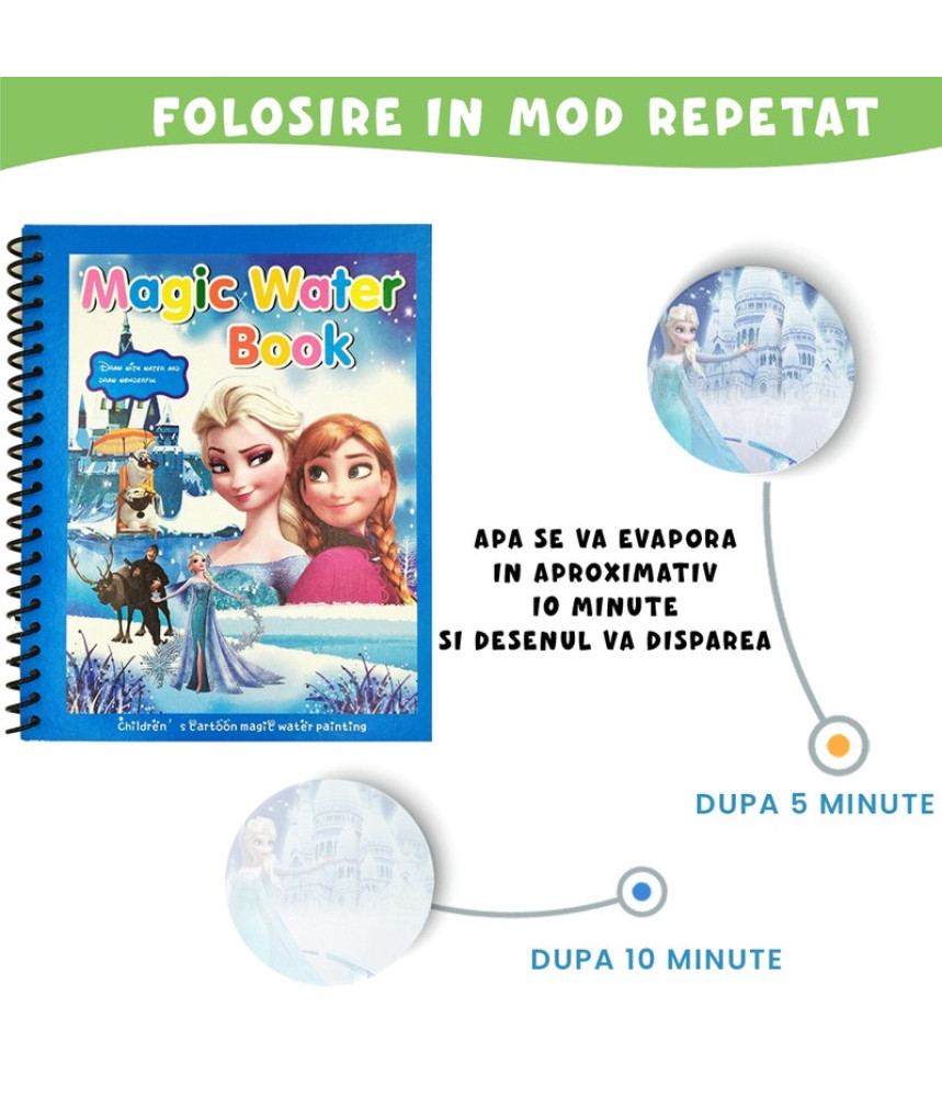 Carte de colorat cu apa Magic Book, Reutilizabila, plina de culori vibrante,Elsa Carte de colorat cu apa Magic Book, Reutilizabila, plina de culori vibrante,Elsa