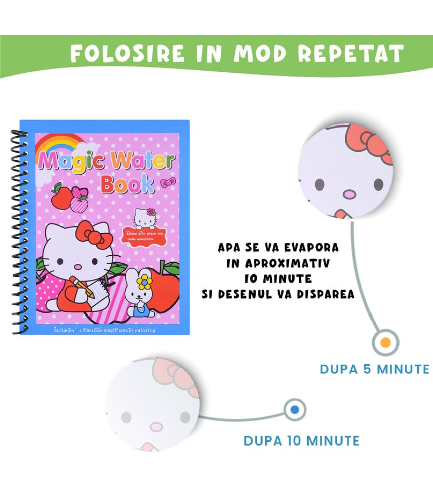 Carte de colorat cu apa Magic Book , Reutilizabila, plina de culori vibrante, Hello Kitty