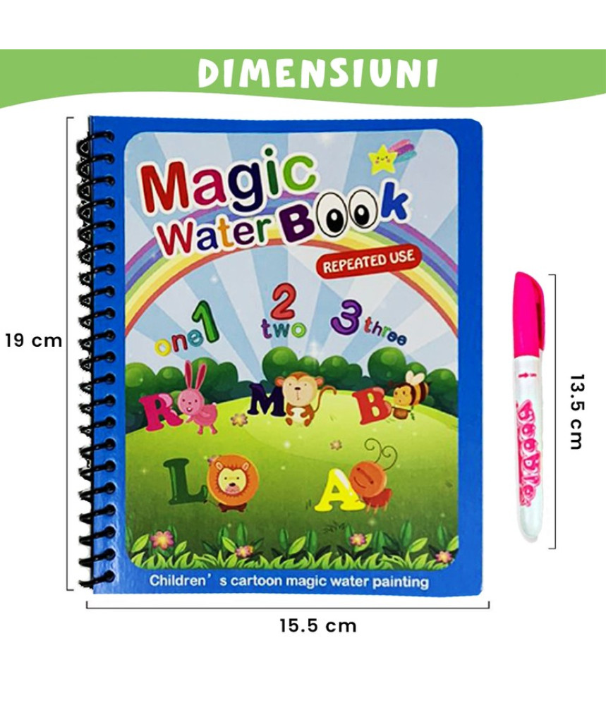 Carte de colorat cu apa Magic Book, Reutilizabila, plina de culori vibrante, Litere si Cifre