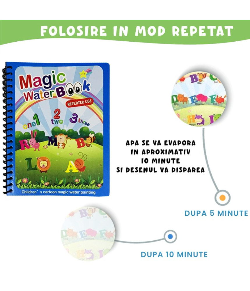 Carte de colorat cu apa Magic Book, Reutilizabila, plina de culori vibrante, Litere si Cifre
