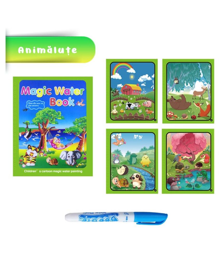 Carte de colorat cu apa Magic Book, Reutilizabila, plina de culori vibrante, Animale Carte de colorat cu apa Magic Book, Reutilizabila, plina de culori vibrante, Animale
