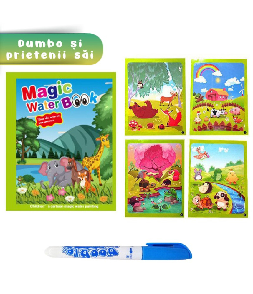 Carte de colorat cu apa Magic Book , Reutilizabila, plina de culori vibrante, Dumbo si prietenii sai