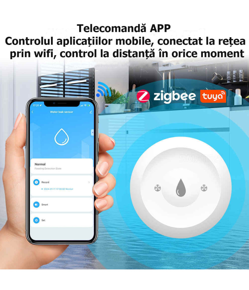 Senzor de scurgere a apei Smart Life, nivel IP66, alarma, detector prin aplicatie, imersie, Tuya Zigbee Senzor de scurgere a apei Smart Life, nivel IP66, alarma, detector prin aplicatie, imersie, Tuya Zigbee