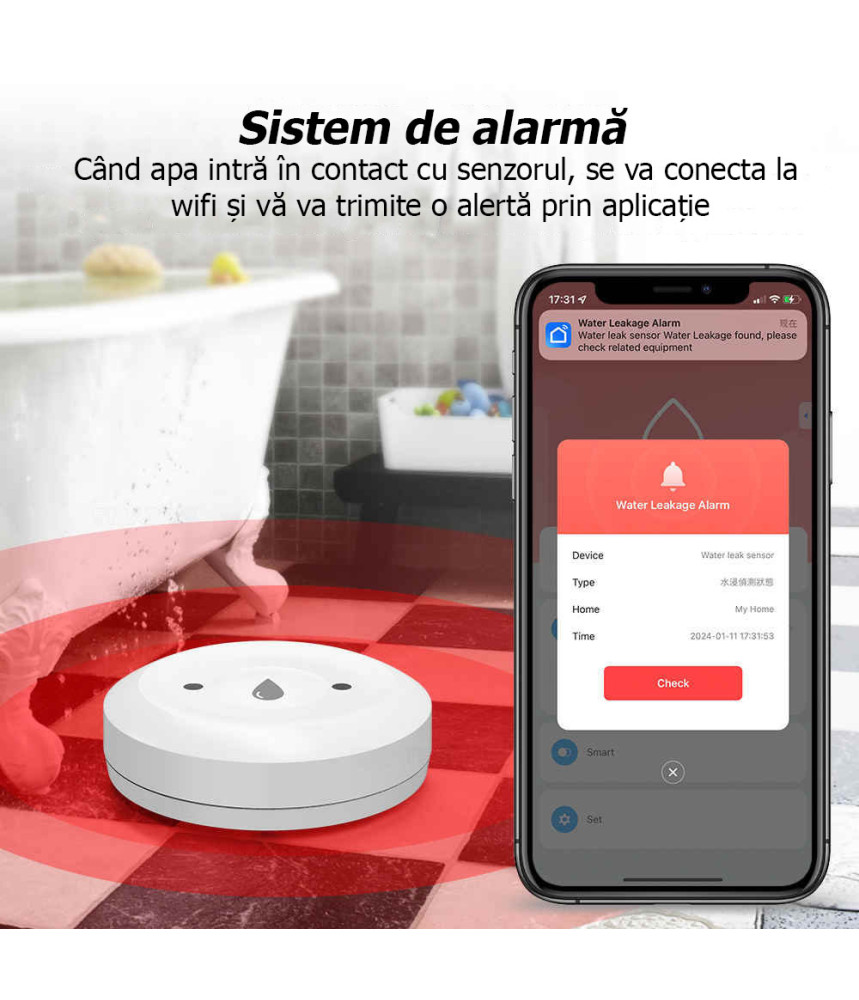 Senzor de scurgere a apei Smart Life, nivel IP66, alarma, detector prin aplicatie, imersie, Tuya Zigbee Senzor de scurgere a apei Smart Life, nivel IP66, alarma, detector prin aplicatie, imersie, Tuya Zigbee