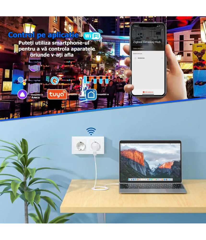 Priza dubla inteligenta de perete16A USB Type-C, Wi-Fi Priza dubla inteligenta de perete16A USB Type-C, Wi-Fi