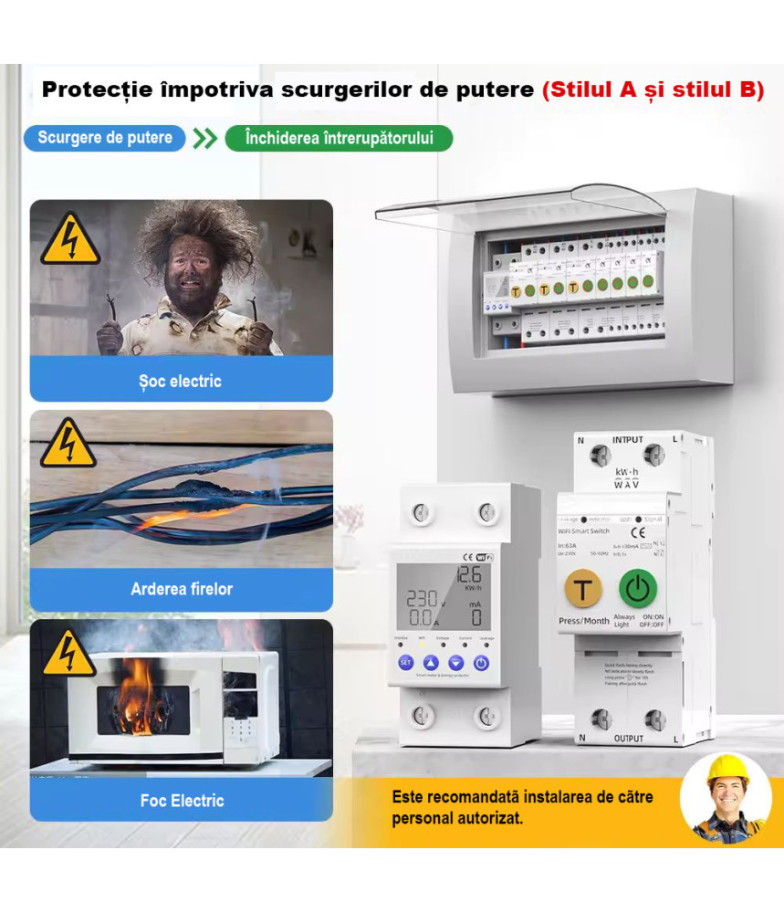 Releu monofazic WIFI, contor de energie inteligent, protectie supratensiune, subtensiune, suprasarcina, reglabil, digital, 63A, 230V, monitorizare KWh, programabil Tuya App @SmartWiz Releu monofazic WIFI, contor de energie inteligent, protectie supratensiune, subtensiune, suprasarcina, reglabil, digital, 63A, 230V, monitorizare KWh, programabil Tuya App @SmartWiz