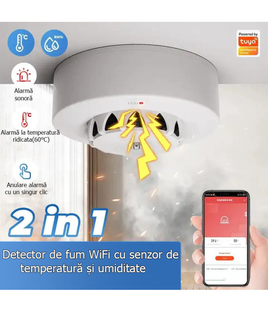 Detector inteligent de fum, temperatura si umiditate,higrometru Detector inteligent de fum, temperatura si umiditate,higrometru