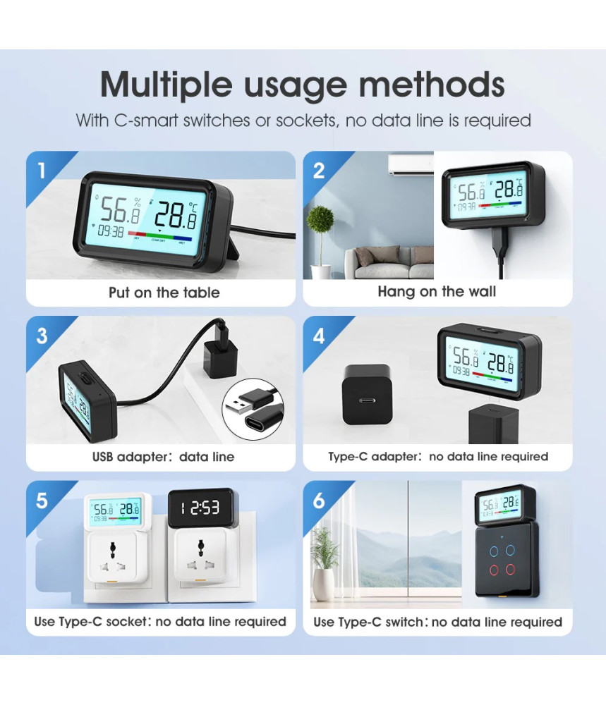 Senzor Mini de temperatura/umiditate, Display, Mod Noapte, Alerta Mobil, TypeC, WiFi 2.4G, Compatibil cu Tuya/SmartLife/Alexa/Echo/Google Assistant, Negru @SmartWiz Senzor Mini de temperatura/umiditate, Display, Mod Noapte, Alerta Mobil, TypeC, WiFi 2.4G, Compatibil cu Tuya/SmartLife/Alexa/Echo/Google Assistant, Negru @SmartWiz
