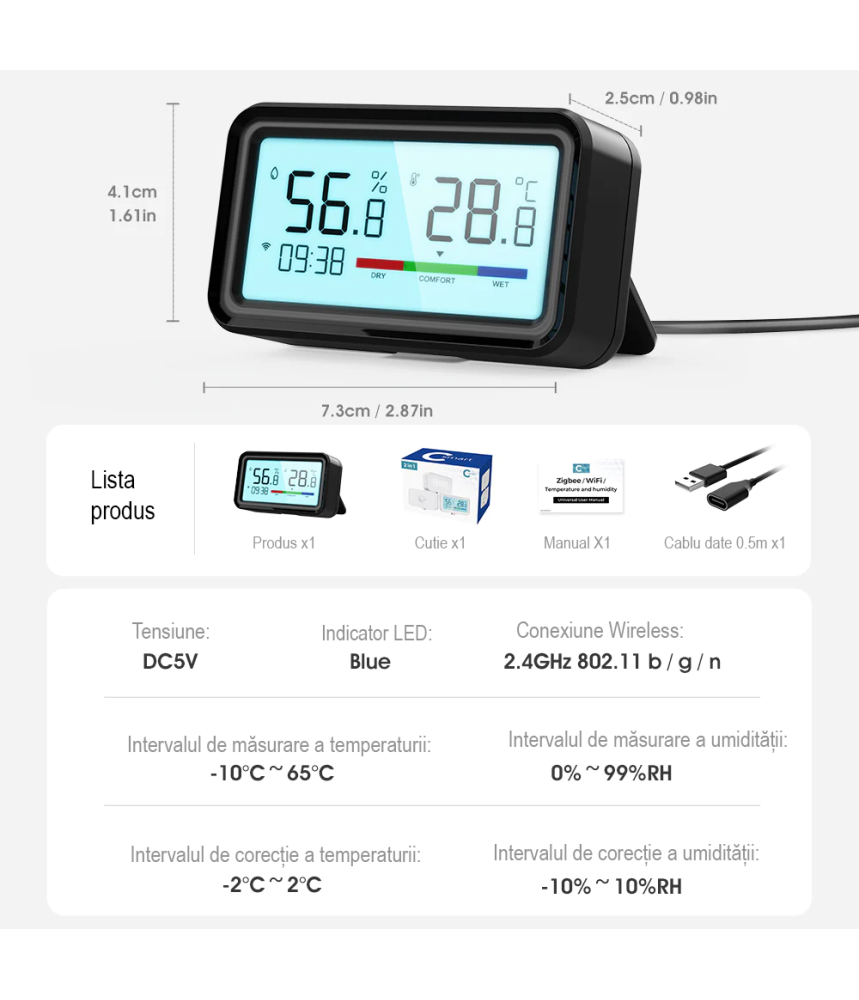 Senzor Mini de temperatura/umiditate NEGRU Senzor Mini de temperatura/umiditate NEGRU