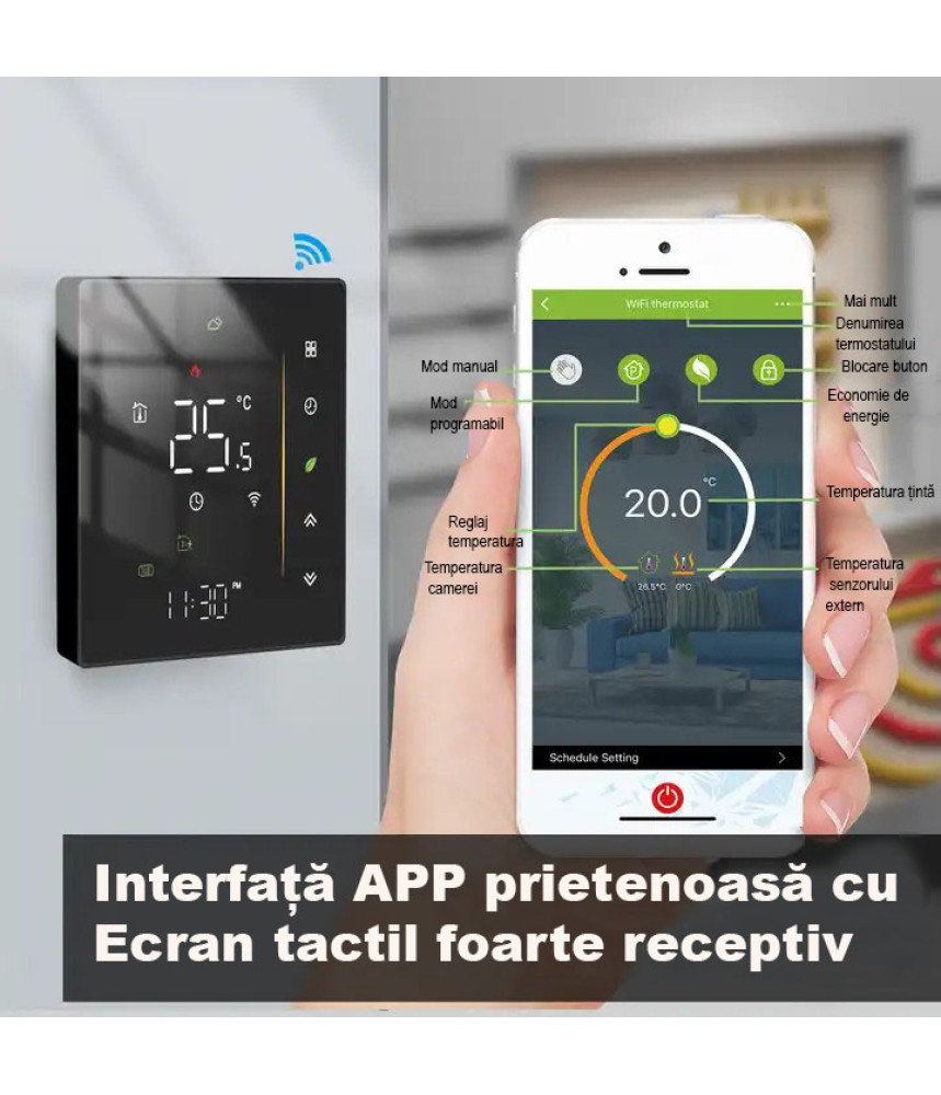Termostat inteligent perete, negru, WiFi Termostat inteligent perete, negru, WiFi