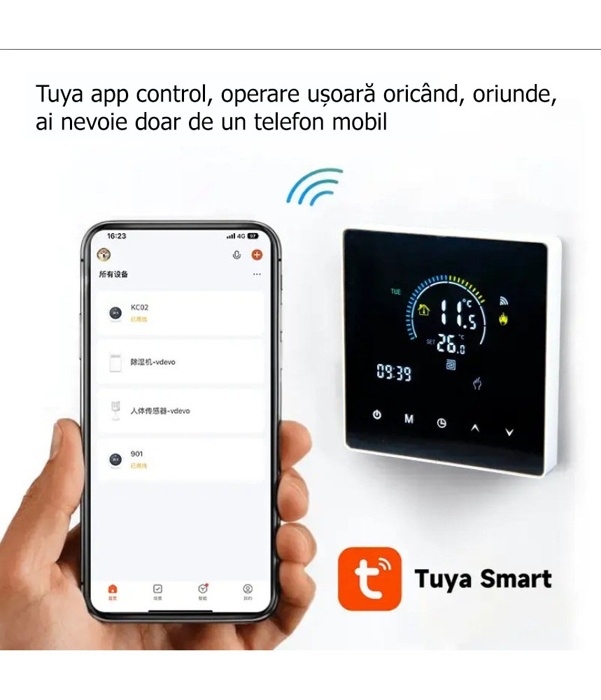 Termostat Inteligent de ambient, HVAC, Pardoseala, Aer Conditionat(AC), TouchScreen, Negru, WIFI, Control prin Aplicatia Tuya, Wireless, Doza de Perete, Control Vocal Google Home, Alexa @SmartWiz Termostat Inteligent de ambient, HVAC, Pardoseala, Aer Conditionat(AC), TouchScreen, Negru, WIFI, Control prin Aplicatia Tuya, Wireless, Doza de Perete, Control Vocal Google Home, Alexa @SmartWiz