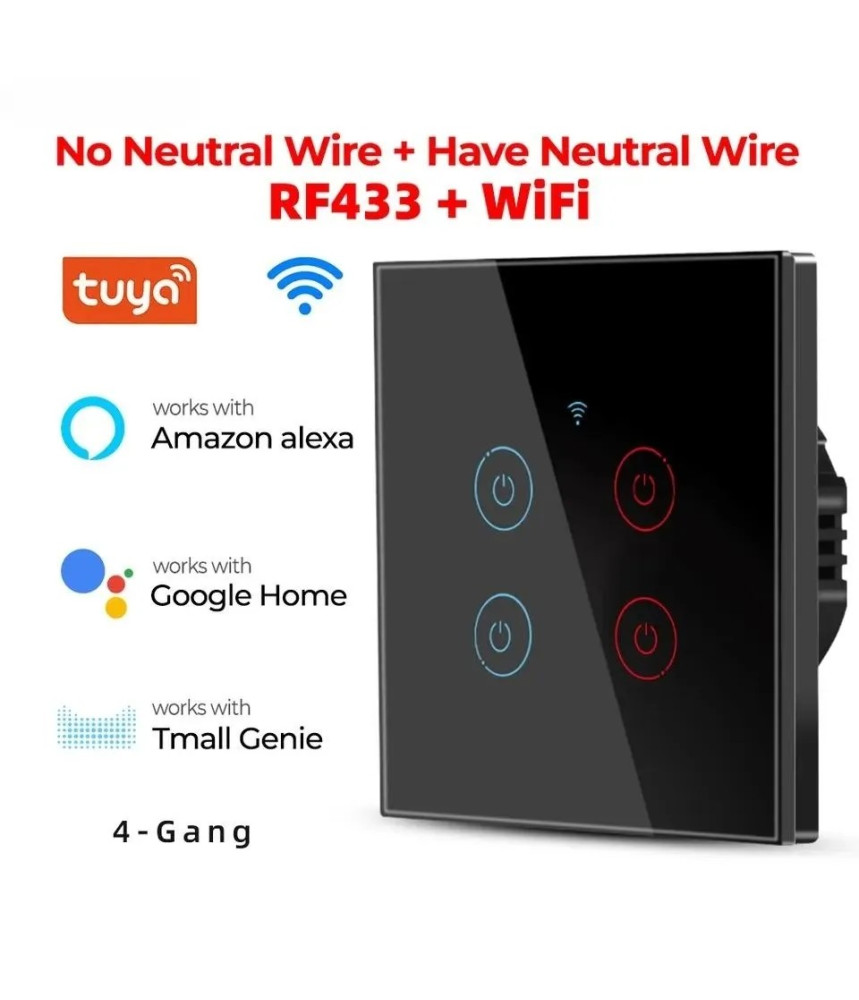 Intrerupator inteligent cu touch Tuya, Life Smart, Wi-Fi, RF433, cu sau fara nul, 4 canale, 10A, Sticla securizata, compatibil Amazon Alexa/Google Assistant, Negru @SmartWiz Intrerupator inteligent cu touch Tuya, Life Smart, Wi-Fi, RF433, cu sau fara nul, 4 canale, 10A, Sticla securizata, compatibil Amazon Alexa/Google Assistant, Negru @SmartWiz