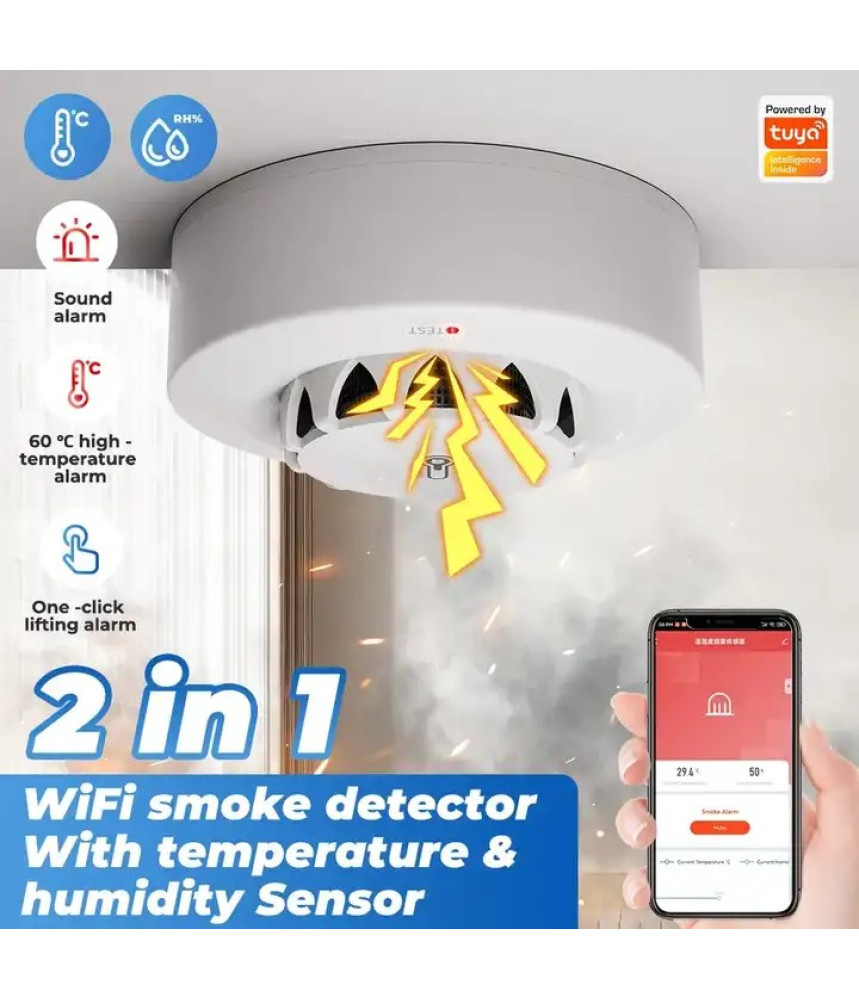 Detector inteligent de fum, temperatura si umiditate, higrometru, WiFi,, compatibil cu aplicatiile TuyaSmart si SmartLife, @SmartWiz Detector inteligent de fum, temperatura si umiditate, higrometru, WiFi,, compatibil cu aplicatiile TuyaSmart si SmartLife, @SmartWiz