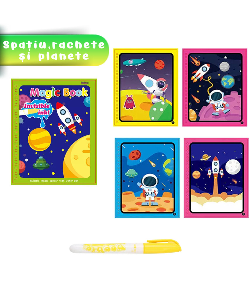 Carte de colorat cu apa Magic Book, Reutilizabila, Racheta si elemente spatiale Carte de colorat cu apa Magic Book, Reutilizabila, Racheta si elemente spatiale