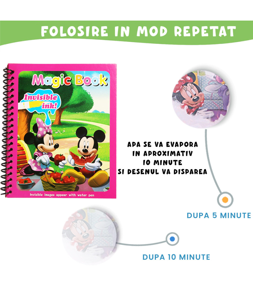 Carte de colorat cu apa Magic Book , Reutilizabila, plina de culori vibrante, Mickey si Minnie Carte de colorat cu apa Magic Book , Reutilizabila, plina de culori vibrante, Mickey si Minnie