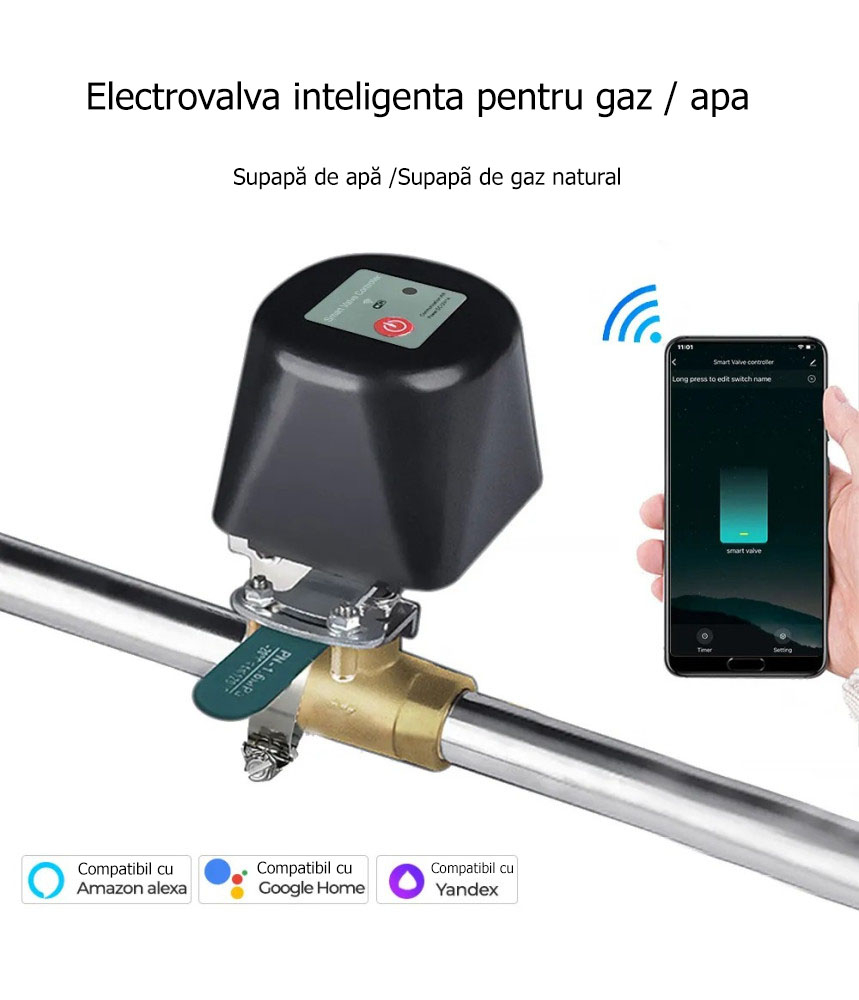 Electrovalva inteligenta pentru apa sau gaz, aplicatie pe telefon cu notificari push, compatibila tuya, smart life, alexa si Google Home, Negru, @SmartWIZ Electrovalva inteligenta pentru apa sau gaz, aplicatie pe telefon cu notificari push, compatibila tuya, smart life, alexa si Google Home, Negru, @SmartWIZ