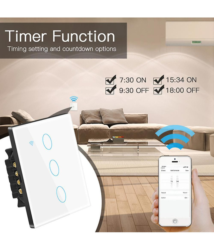Intrerupator inteligent cu touch Tuya, Life Smart, Aubess, Wi-Fi, fara nul, 3 canale, 16A, Sticla securizata, compatibil Amazon Alexa/Google Assistant, Alb Intrerupator inteligent cu touch Tuya, Life Smart, Aubess, Wi-Fi, fara nul, 3 canale, 16A, Sticla securizata, compatibil Amazon Alexa/Google Assistant, Alb