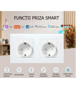 Priza dubla inteligenta de perete16A USB Type-C, Wi-Fi, Rama din sticla, Monitorizare consum, 16A, Smart Life / Tuya APP, Alb @SmartWiz