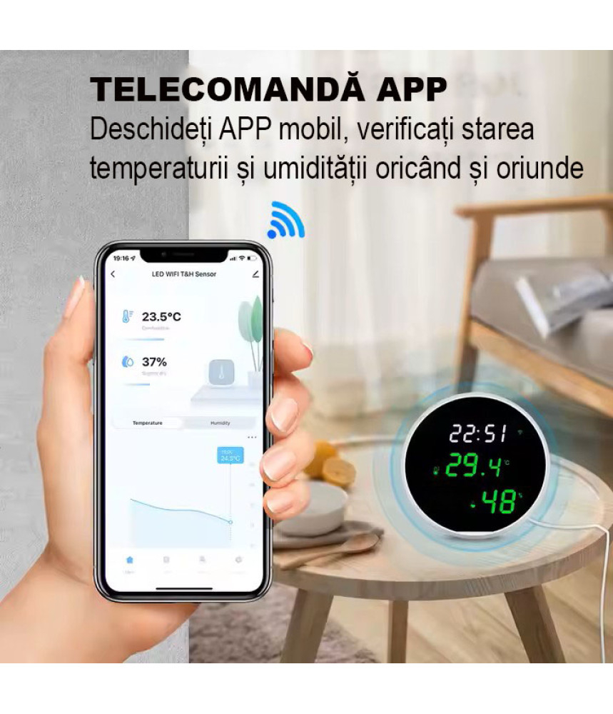 Senzor de umiditate si temperatura, Tuya wi-fi Smart Life Alexa Google Home Wifi, Ecran oglinda LED, Hygrometeru, Termometru @Smartwiz Senzor de umiditate si temperatura, Tuya wi-fi Smart Life Alexa Google Home Wifi, Ecran oglinda LED, Hygrometeru, Termometru @Smartwiz