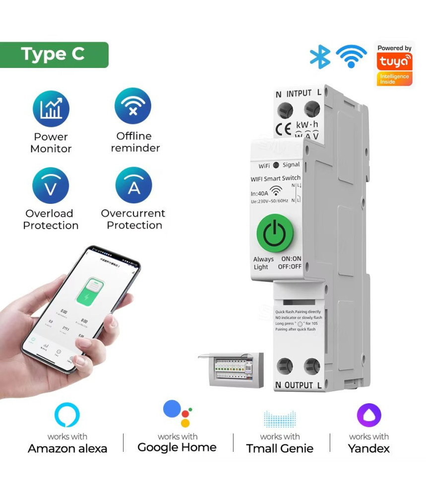 Siguranta Inteligenta, Wi-Fi, 1-40A, 1P, 1P+N, Monitorizare energie, Protectie Supratensiune/Subtensiune, Programare inteligenta, compatibil Tuya, Smart Life APP @SmartWiz Siguranta Inteligenta, Wi-Fi, 1-40A, 1P, 1P+N, Monitorizare energie, Protectie Supratensiune/Subtensiune, Programare inteligenta, compatibil Tuya, Smart Life APP @SmartWiz