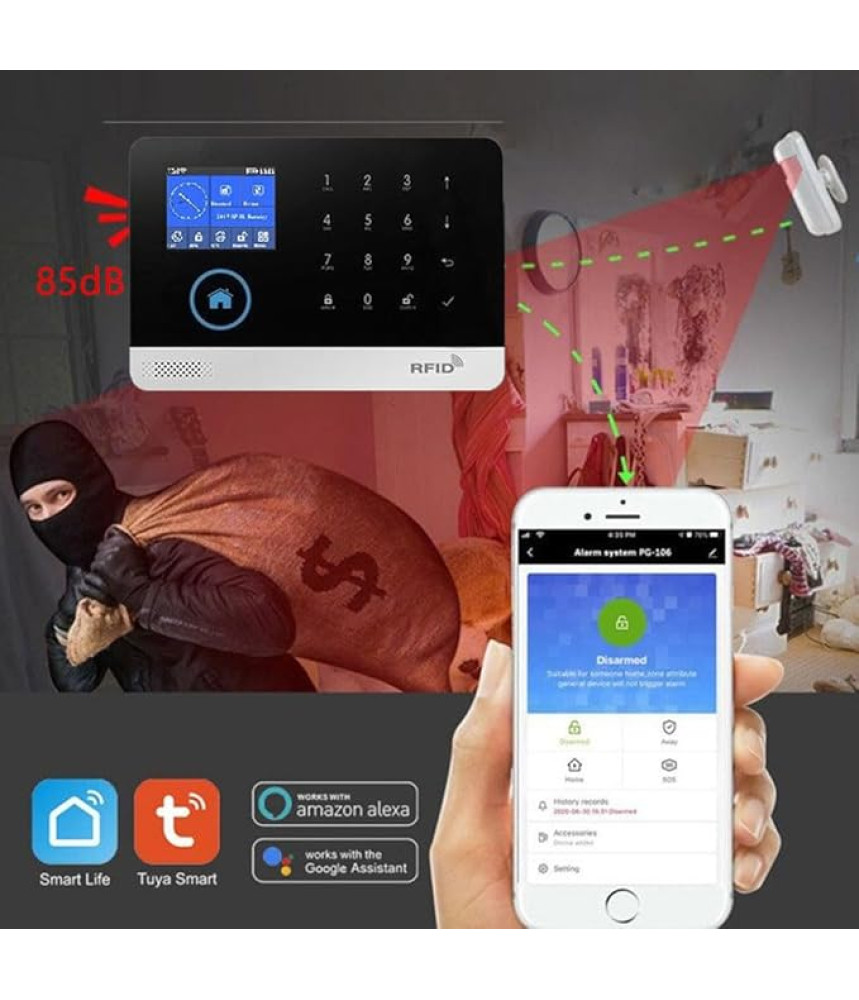 Sistem de alarma wireless, LCD, WiFi, GSM, RFID, touchscreen, control prin aplicatie, kit inteligent cu senzor si detector PIR, compatibil cu aplicatia Tuya, alerta prin SMS, apel vocal @Smartwiz Sistem de alarma wireless, LCD, WiFi, GSM, RFID, touchscreen, control prin aplicatie, kit inteligent cu senzor si detector PIR, compatibil cu aplicatia Tuya, alerta prin SMS, apel vocal @Smartwiz