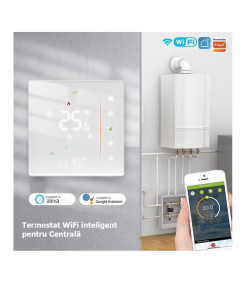 Termostat Inteligent Alb, Centrala, Smart, WIFI, 3-16A, Control prin Aplicatia Tuya, Wireless, Prindere in Doza de Perete, Control Vocal Google Home, Alexa @SmartWiz