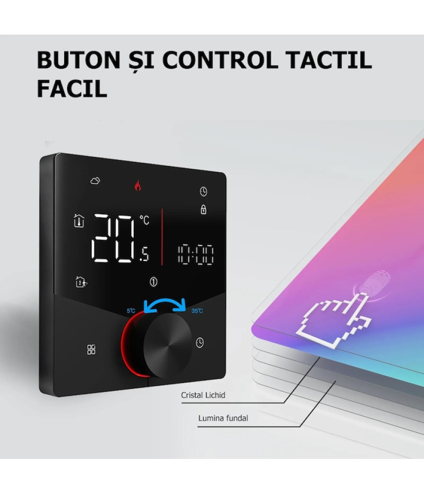 Termostat Inteligent de ambient, Centrala/Boiler Electric cu Rotita, Negru, WIFI, Control prin Aplicatia Tuya, Wireless, Prindere in Doza de Perete, Control Vocal Google Home, Alexa, Negru @SmartWiz Termostat Inteligent de ambient, Centrala/Boiler Electric cu Rotita, Negru, WIFI, Control prin Aplicatia Tuya, Wireless, Prindere in Doza de Perete, Control Vocal Google Home, Alexa, Negru @SmartWiz