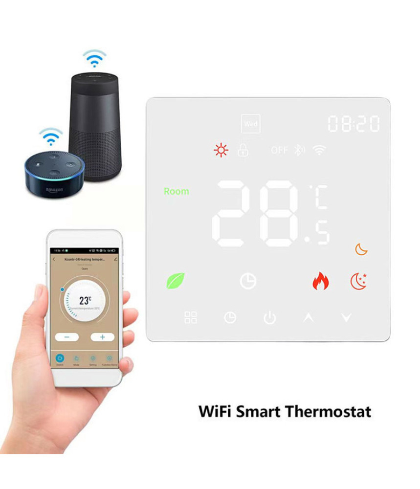 Termostat Inteligent incalzire electrica, TouchScreen, WIFI, Control prin Aplicatia Tuya, Wireless, Prindere in Doza de Perete, Control Vocal Google Home, Alexa, ALB @SmartWiz Termostat Inteligent incalzire electrica, TouchScreen, WIFI, Control prin Aplicatia Tuya, Wireless, Prindere in Doza de Perete, Control Vocal Google Home, Alexa, ALB @SmartWiz