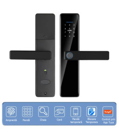 Yala inteligenta, Inchidere digitala a usii, maner Control acces fara cheie, Tuya, Smart Life Control biologic amprenta digitala Inchidere automata Card IC Cod antifurt Usa digitala, negru @ SmartWIz